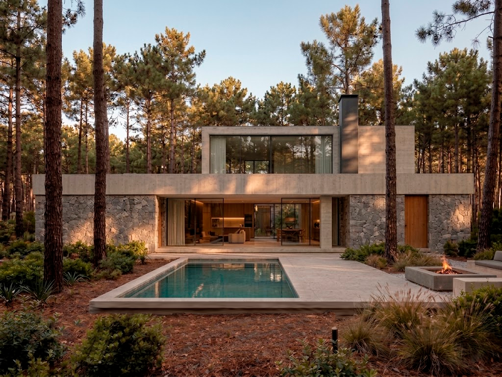 Vista exterior de Vivienda Pinamar con piscina y fogonero en el bosque – NANKU