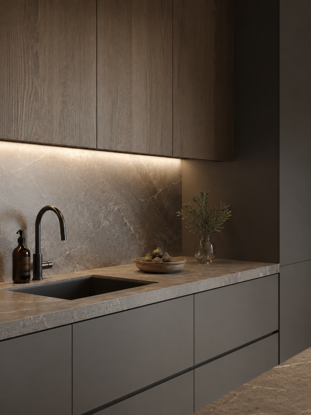 Detalle de iluminación y materialidad en cocina diseñada por NANKU