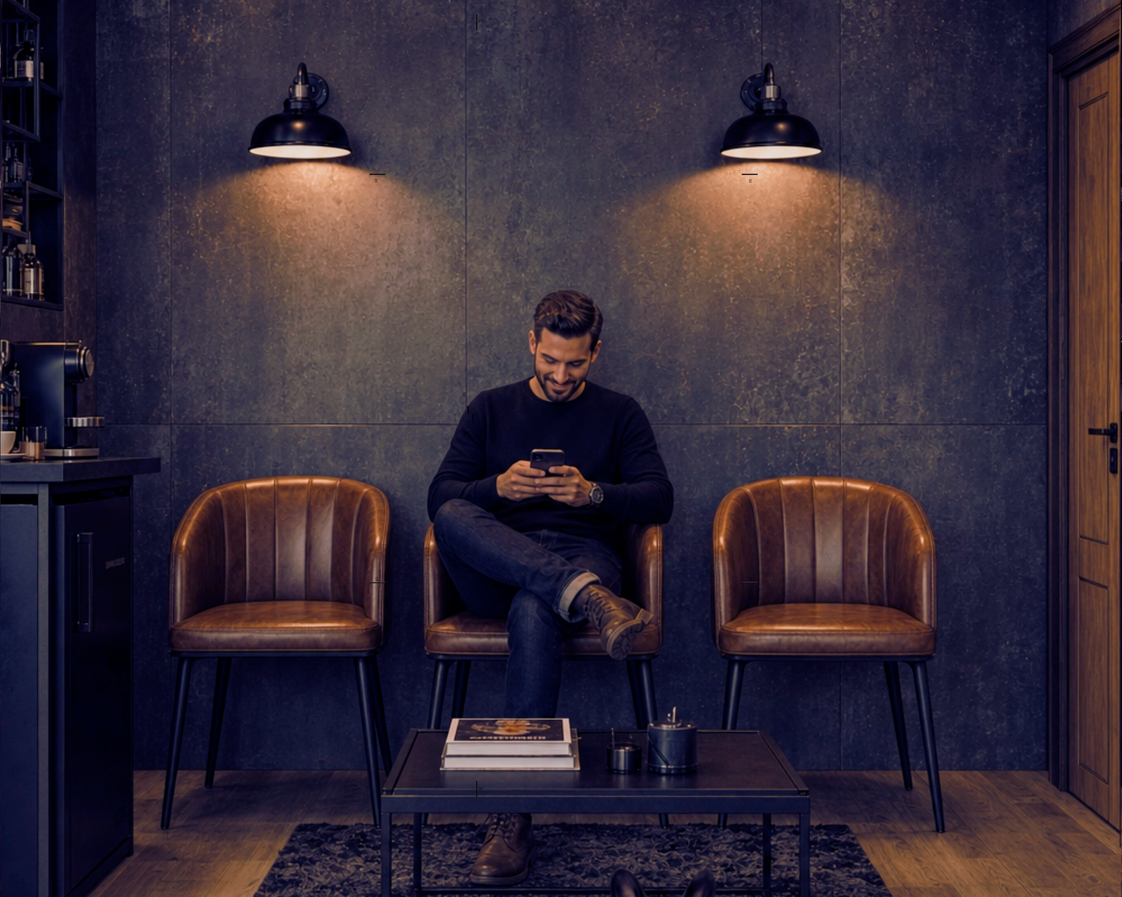 Zona lounge y recepción con iluminación escenográfica en barbería