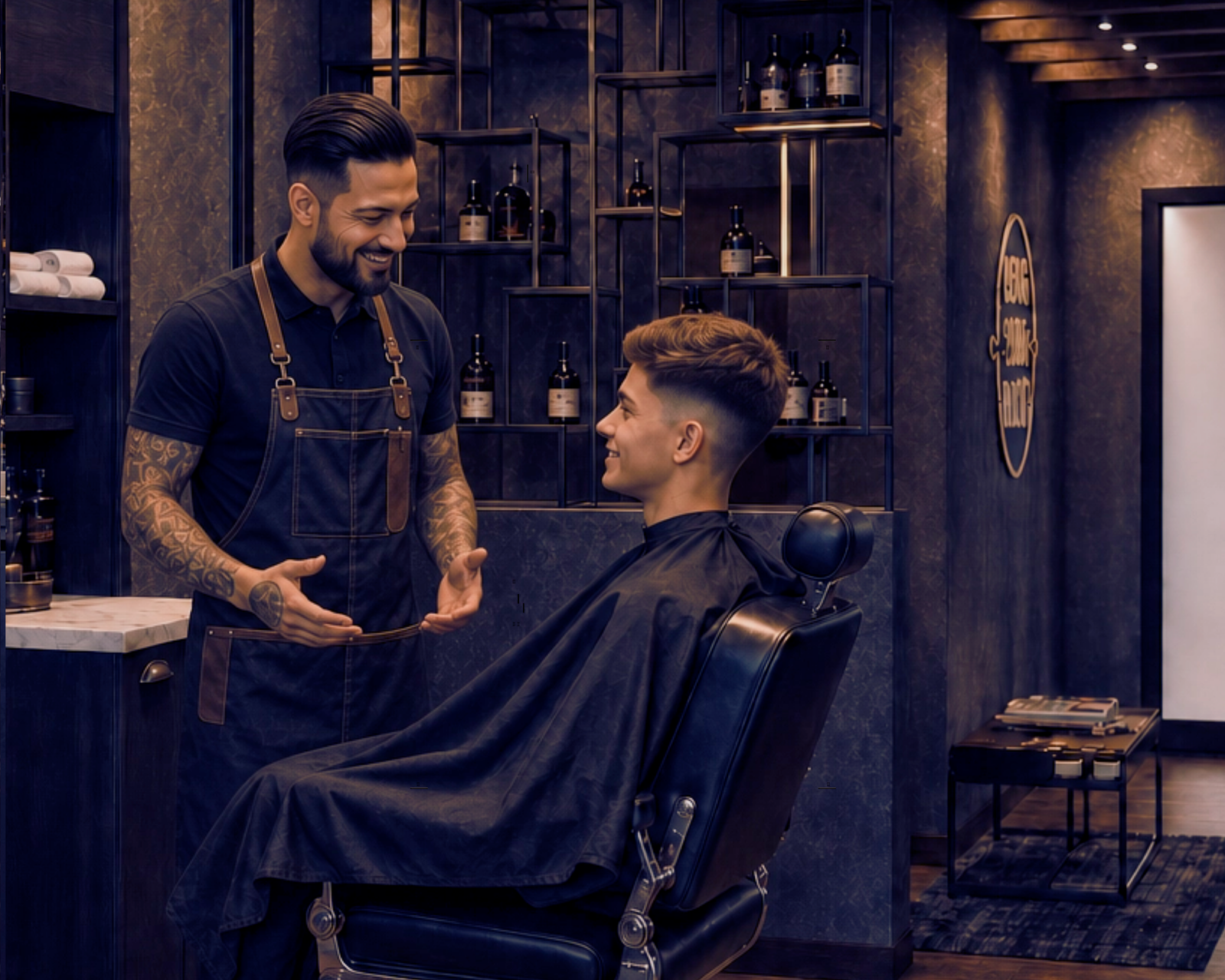Puesto de atención y mobiliario a medida en barbería profesional