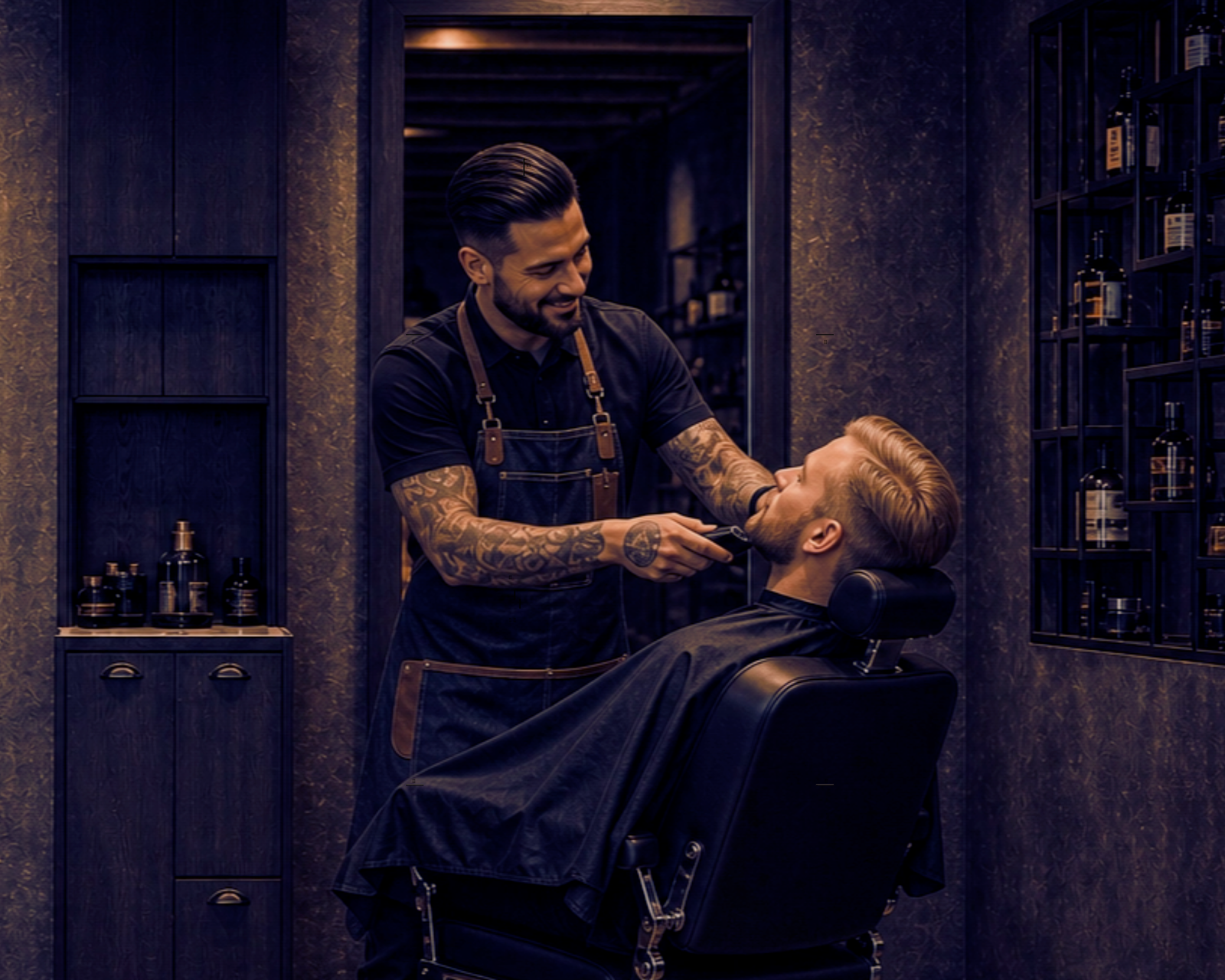 Detalle de sillón de barbero y revestimientos en barbería