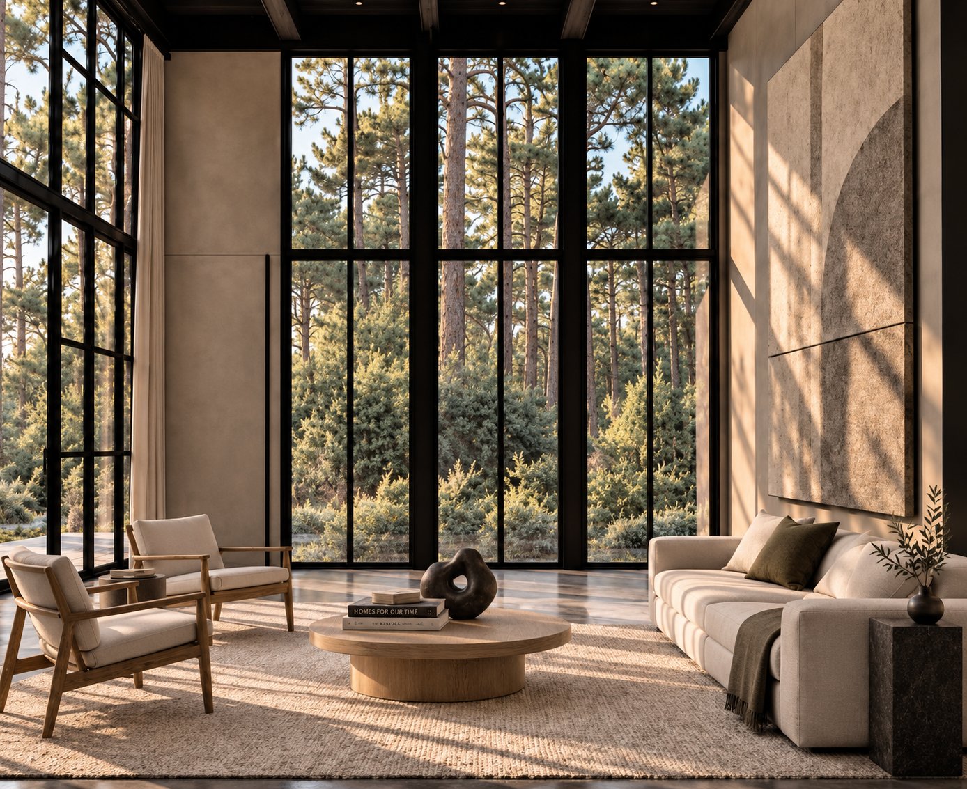 Espacio de trabajo contemporáneo: cerramientos vidriados, área lounge de espera, iluminación cálida y materialidad noble