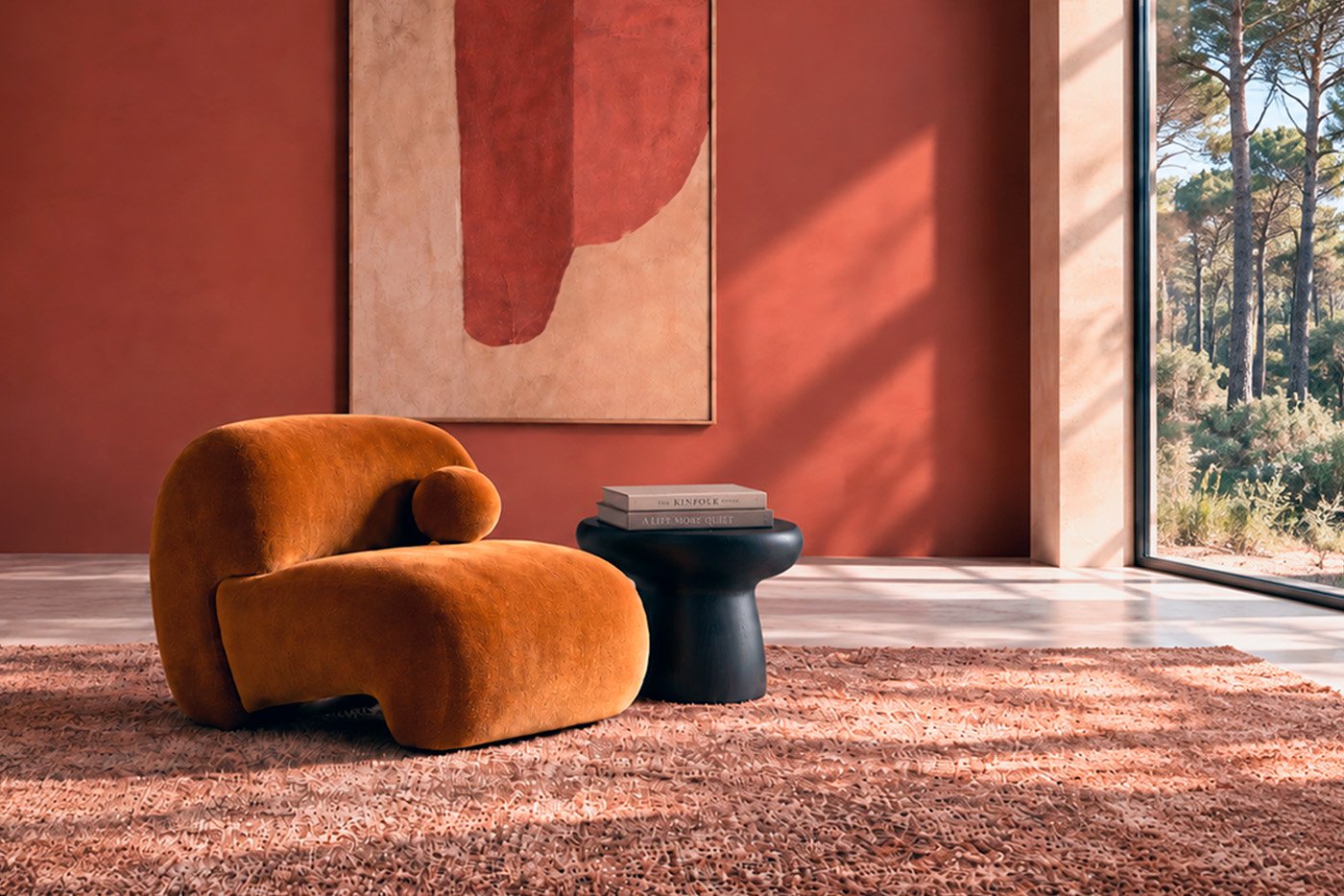 Detalle sensorial de encuentro material: madera natural, piedra marmórea y luz rasante en vivienda costera